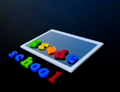 Tablet with text SCHOOL.Tablet PC, technology and education. Back to school c Stock Photos
