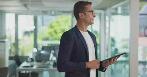 Tablet, thinking and business man with idea, problem solving and walking in Stock Footage 303514509