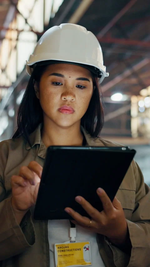 Tablet, thinking and construction worker on site for research on repairs Stock Footage 340401502