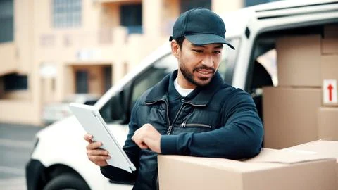 Tablet, thinking and delivery man by van for courier transport, shipping and Stock Photos