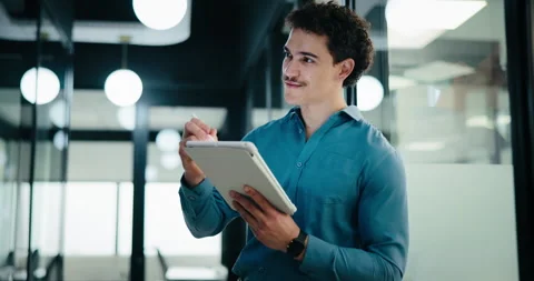 Tablet, thinking and man with pen in office for digital signature, budget review Stock Footage 335442392