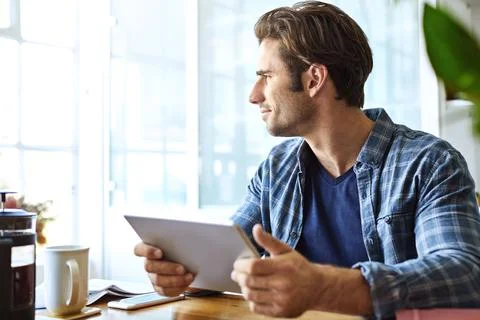 Tablet, thinking and man with web design for remote work, online project an.. Stock Photos