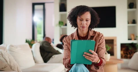 Tablet, thinking and mother in home for remote work, article idea or inspiration Stock Footage 335516737