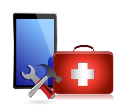 Tablet with tools and a first aid kit on a white background 스톡 일러스트
