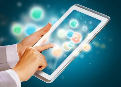 Tablet Touchscreen with Wireless App Icons and Business Hand Stock Photos
