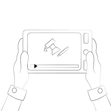 Tablet with a training video in your hands in black and white Stock Illustration