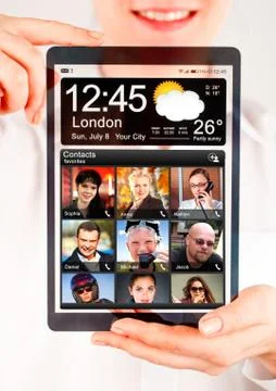 Tablet with transparent screen in human hands. Stock Illustration