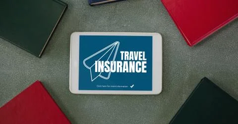 Tablet with travel insurance concept on screen Stock Photos