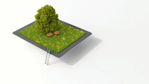 Tablet with tree and benches on meadow, 3D rendering Stock Illustration