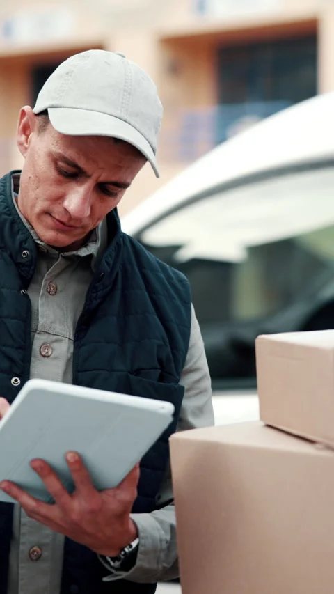 Tablet, typing and delivery man with boxes for shipping, digital schedule and Stock Footage 342313140