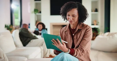 Tablet, typing and mother in home for remote work, article idea or inspiration Stock Footage 335523918
