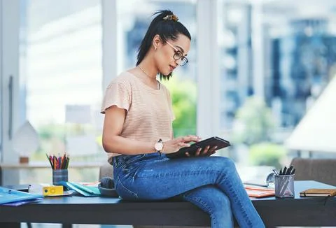 Tablet, typing and reading of article, office and editing of images, graphic Stock Photos