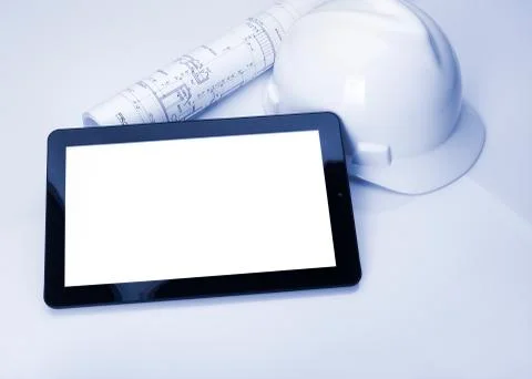 Tablet Used for Construction Blueprints Stock Photos