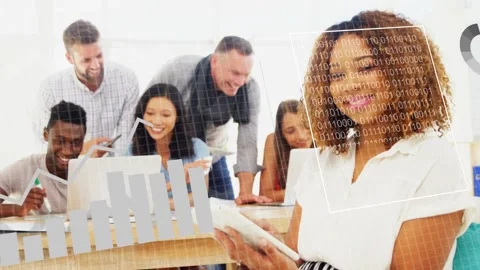 Tablet user tapping screen, leading biz data review with team, animated charts Stock Footage 333425898
