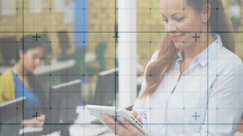 Tablet user tech lead tapping screen and visualizing progress icons for Stock Footage 329427958