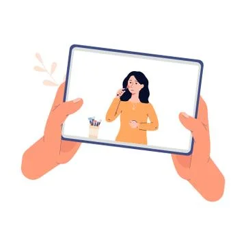 Tablet with video tutorial from beauty blogger, vector illustration isolated. Stock Illustration