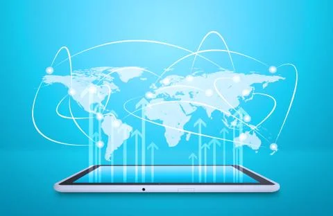 Tablet with virtual world map and connected dots Stock Illustration