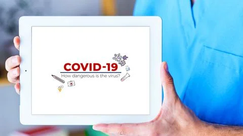 Tablet with visual information about the global virus, with soap, test tube Stock Illustration