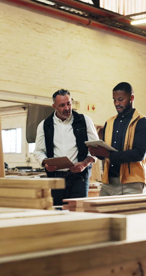 Tablet, walking and carpenter with manager in workshop with online order for Stock Footage 340762529