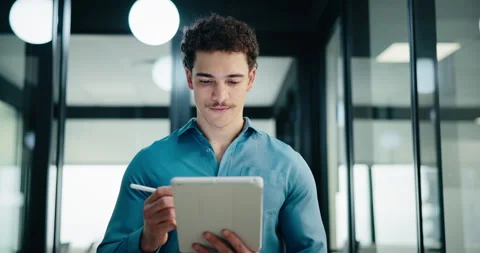 Tablet, walking and man with pen in office for problem solving, budget review or Stock Footage 335442946