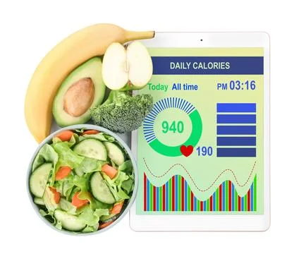 Tablet with weight loss program and different products on white background,.. 写真素材