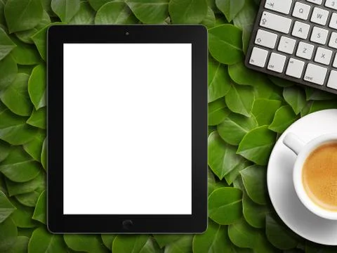 Tablet white screen similar to ipad display and coffee Stock Illustration