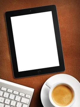 Tablet white screen similar to ipad display and coffee Stock Illustration