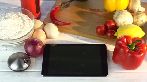 Tablet on a white vegetable background 4K Stock-Footage 85176494