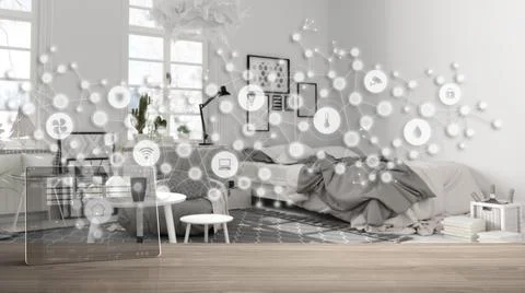 Tablet wireless with smart home app on wooden table, geometric background wit Stock Illustration