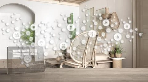 Tablet wireless with smart home app on wooden table, geometric background wit Stock Illustration