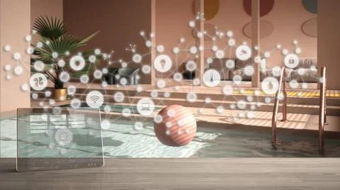 Tablet wireless with smart home app on wooden table, geometric background wit Stock Illustration