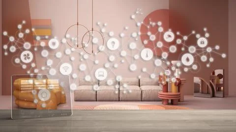 Tablet wireless with smart home app on wooden table, geometric background wit Stock Illustration