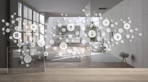 Tablet wireless with smart home app on wooden table, geometric background wit Stock Illustration