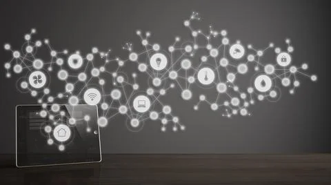 Tablet wireless with smart home app on wooden table, geometric abstract dark  Stock Illustration