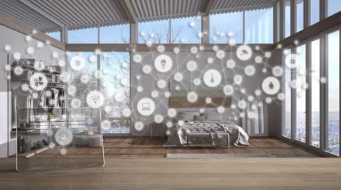 Tablet wireless with smart home app on wooden table, geometric background wit Stock Illustration