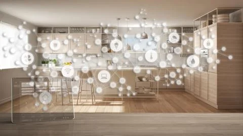 Tablet wireless with smart home app on wooden table, geometric background wit Stock Illustration