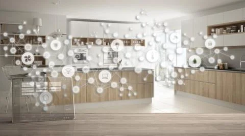 Tablet wireless with smart home app on wooden table, geometric background wit Stock Illustration