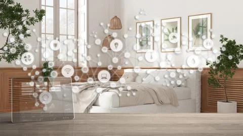 Tablet wireless with smart home app on wooden table, geometric background wit Stock Illustration