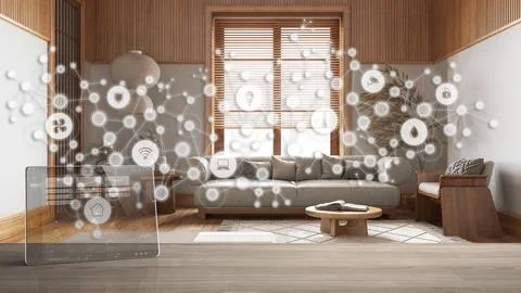 Tablet wireless with smart home app on wooden table, background with connec.. Illustrazione stock