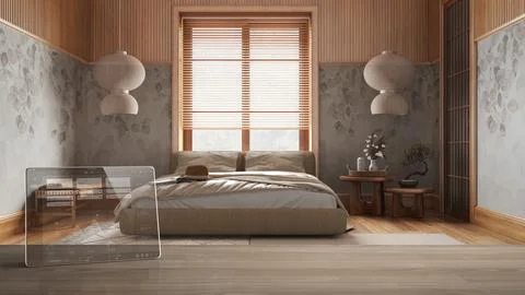 Tablet wireless with smart home app on wooden table, geometric background w.. Stock Illustration