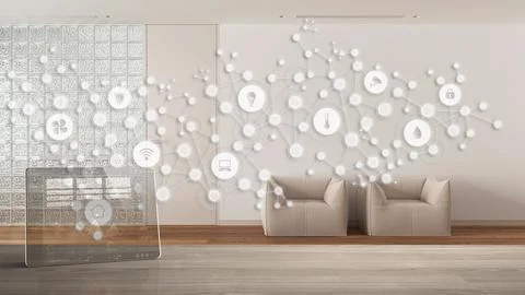 Tablet wireless with smart home app on wooden table, geometric background w.. Illustrazione stock