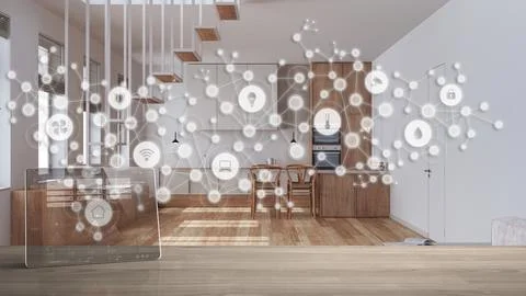 Tablet wireless with smart home app on wooden table, connected line and dot.. Illustrazione stock