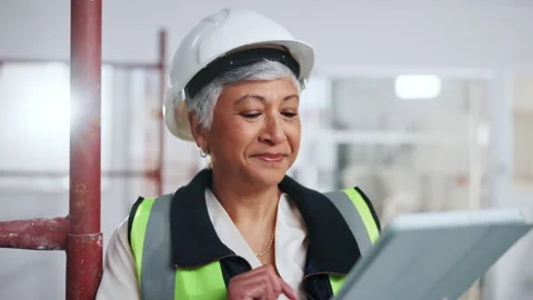Tablet, woman and construction worker on site with research for maintenance Stock Footage 341548545