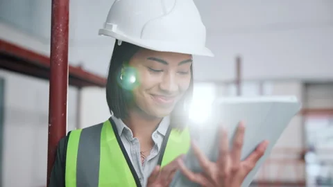 Tablet, woman and construction worker on site with update on maintenance Stock Footage 341548730