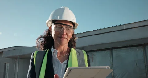 Tablet, woman and construction worker on site outdoor with research for building Stock Footage 343535625