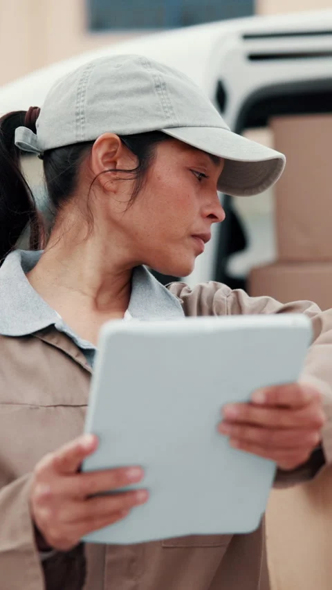 Tablet, woman and delivery with boxes for shipping, digital schedule and Stock Footage 342314031