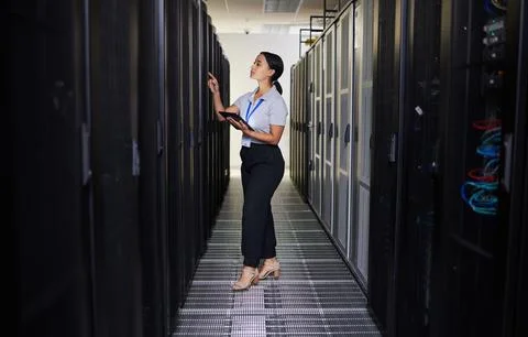 Tablet, woman and engineer in data center for inspection of programming hardware Stock Photos