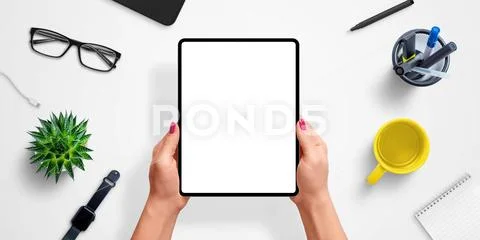 Tablet in woman hands with isolated screen for app or web site design PSDテンプレート