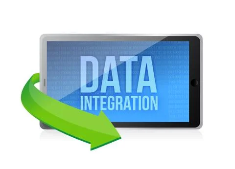 Tablet with word data integration on display illustration design over a white Illustrazione stock