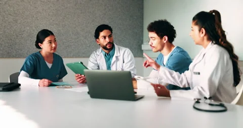 Tablet, workshop and planning with doctors in office for talking, surgery Stock Footage 336327016
